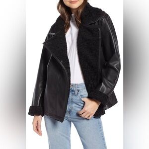NWT something navy leather faux fur lined jacket in black size: S
